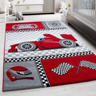 Teppich Kinderteppich Kurzflor Pflegeleicht Rennwagen Kinderzimmer Rot