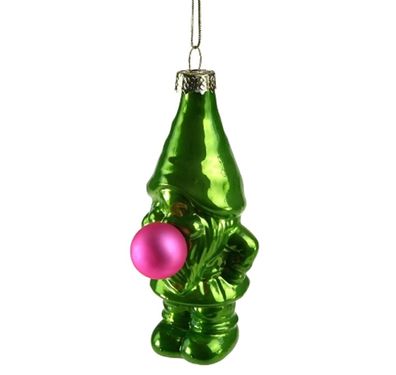 Wichtel Zwerg Anhänger aus Glas, Grün und Pink. Lustiger Christbaumschmuck