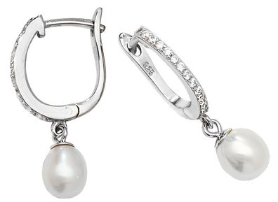 Schöne 925 Sterling Silber Damen - Paar Ohrringe mit Zirkonia, Süßwasser-Zuchtperle