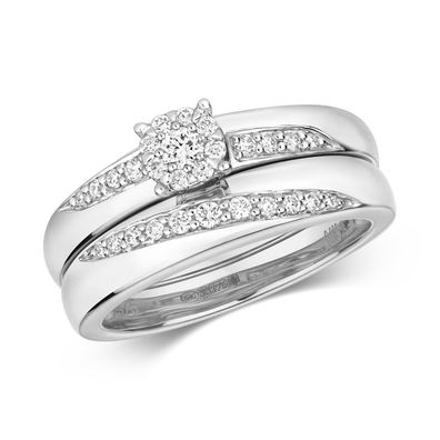 Elegantes 9 Karat (375) Weißgold Cluster Damen - Diamant Ringe (Bridal Set)