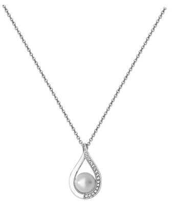 925 Sterling Silber Damen - Halskette mit Zirkonia, Süßwasser-Zuchtperle - 45.7cm