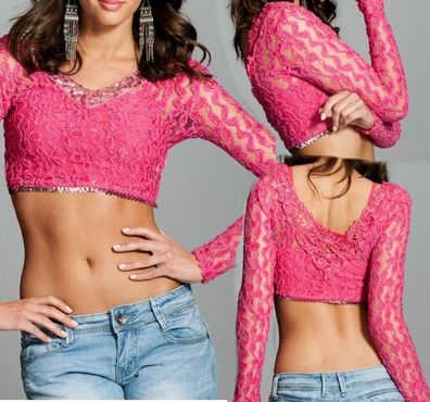 Sexy Girly Damen 2 Teiler Shirt Top Pailletten Spitze XS/ S Freesize pink silber