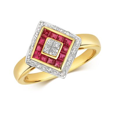 9 ct/ Karat Gelb Gold Diamant Ring Brillant-Schliff 0.08 Karat H - PK mit Rubin