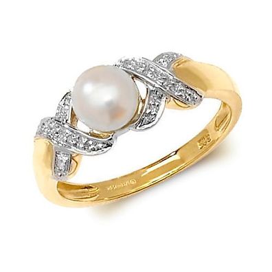 9 ct/ Karat Gelb Gold Diamant Ring Brillant-Schliff H - PK mit Süßwasser-Zuchtperle