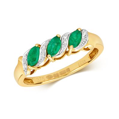 9 ct/ Karat Gelb Gold Trilogie Diamant Ring Brillant-Schliff GH - SI mit Smaragd