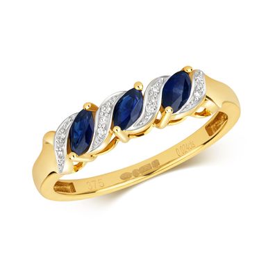 9 ct/ Karat Gelb Gold Trilogie Diamant Ring Brillant-Schliff GH - SI mit Saphir
