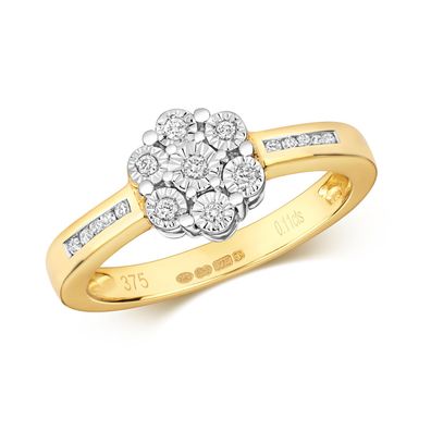 9 ct/ Karat Gelb Gold Cluster Diamant Ring Brillant-Schliff 0.12 Karat H - PK2
