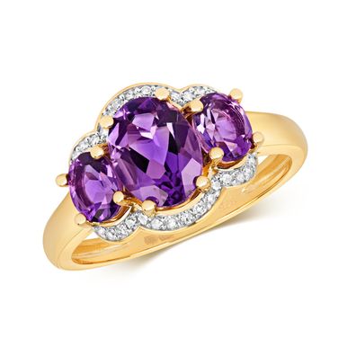 9 ct/ Karat Gelb Gold Trilogie Diamant Ring Brillant-Schliff 0.10 Karat mit Amethyst
