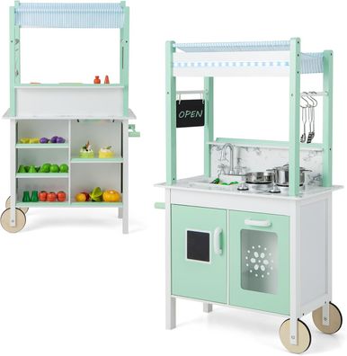 Kinderküche mit Kaufladen & Rollen & 17 Zubehör, Doppelseitige Spielküche Holz