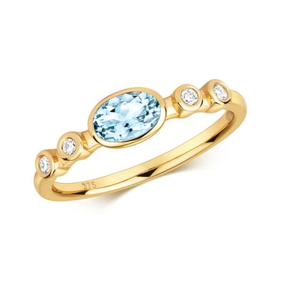9 ct/ Karat Gelb Gold Diamant Ring Brillant-Schliff 0.08 Karat HI - I1 mit Aquamarin