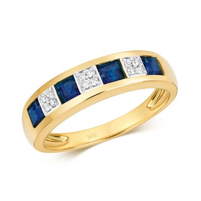 9 ct/ Karat Gelb Gold Damen - Diamant Ring Brillant-Schliff 0.06 Karat mit Saphir