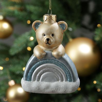 Weihnachtsbaumschmuck Teddybär mit Regenbogen Christbaumschmuck Glas H: 13,5cm