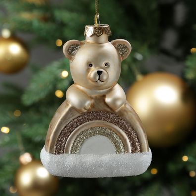 Weihnachtsbaumschmuck Teddybär mit Regenbogen Christbaumschmuck Glas H: 13,5cm
