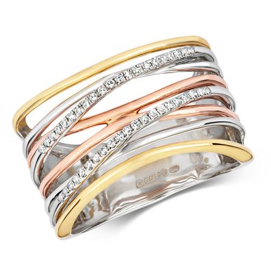 Stylischer 9 ct/ Karat Weißgold/ Gelb Gold/ Rotgold Damen - Diamant Ring