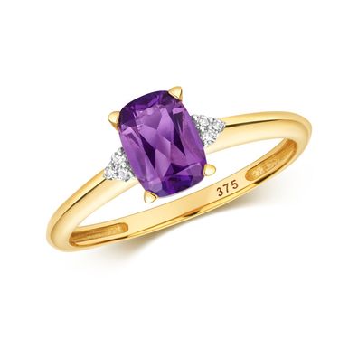 Stylischer 9 ct/ Karat Gelb Gold Diamant Ring Brillant-Schliff HI - I1 mit Amethyst