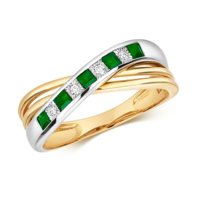 9 ct/ Karat Weißgold/ Gelb Gold Diamant Kreuz über Ring / Ring gekreuzt mit Smaragd