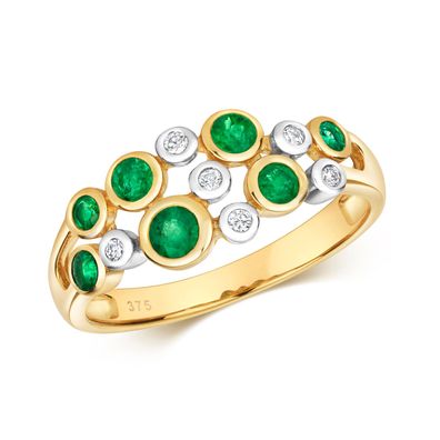 9 ct/ Karat Gelb Gold Diamant Ring Brillant-Schliff 0.06 Karat HI - I1 mit Smaragd