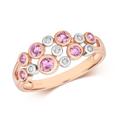 9 ct/ Karat Rotgold Diamant Ring Brillant-Schliff 0.06 Karat HI - I1 mit rosa Saphir