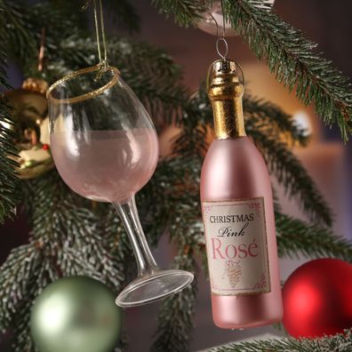 Weihnachtsbaumschmuck Roséwein Flasche Glas rosa gold Set Weihnachtskugel