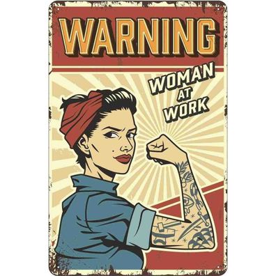 Blechschild 18x12 cm - Pinup warning women at work Frau