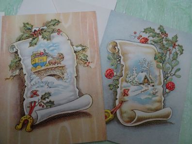 2 alte mini Grußkarten Kuvert Weihnachten Urkunde Postkutsche Dorf EDEL RAR