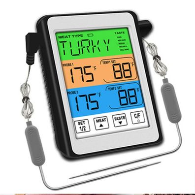 Digitales Grillthermometer mit 2 Sonden, Küchenthermometer, Farbdisplay