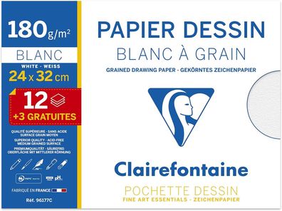 Clairefontaine 96177C - Packung mit 12 + 3 Blatt gekörntes Zeichenpapier, DIN A4+ ...