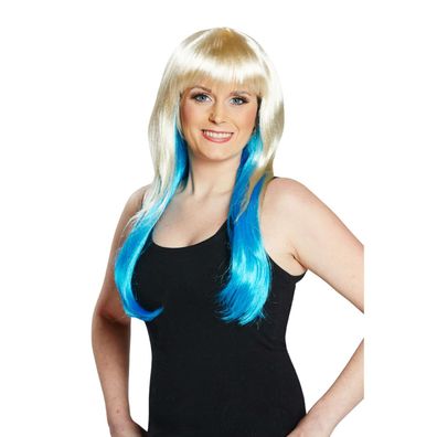 blonde Damen Perücke mit blauen Strähnen Cosplay Wig Ombré Karneval Fasching