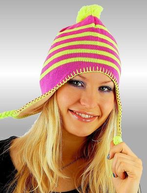 Damen Girly Winter Strick Mütze Kappe gestreift Bommel ringel NEU pink gelb