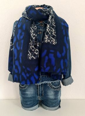 XL weicher warmer Winter Schal Halstuch Viskose Wolle Mustermix Blau/ Schwarz