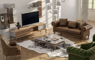 Braune Chesterfield Luxus Sofagarnitur Moderner Dreisitzer Sessel Textil