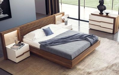Braunes Schlafzimmer Set Luxus Bett Kommode Nachttische Walnuss Natur