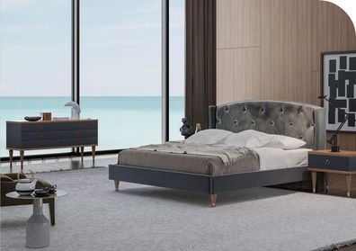 Graue Schlafzimmer Garnitur Luxus Set Doppelbett 2x Nachttische Kommode