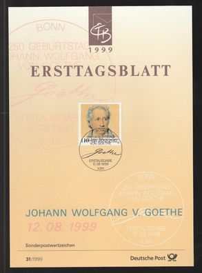 BRD Ersttagsblatt 250. Geburtstag von Johann Wolfgang von Goethe ETB 31-99