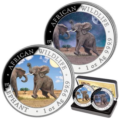 Silbermünzen Somalia Elefant Set 2024 Zertifikatsnr. 444 Day & Night 2 x 1 oz