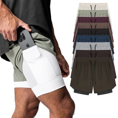 Herren Shorts Multi-Taschen Handtuch-Schlaufe Jogginghose S-3XL zweilagige Kurze Hose