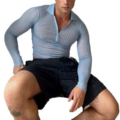 Herren Hemd halber Reißver Sheer Sexy Sweatshirt dünner Strickpullover S-2XL Hellblau