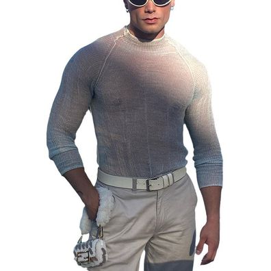 Herren See Through Unterhemd Rollkragen Pullover Slim Fit Knitted Top S-3XL Weiß