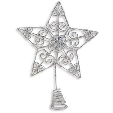 Weihnachtsbaumspitze Barock - Stern Silberfarben mit Silberglitter 20 cm - Metall