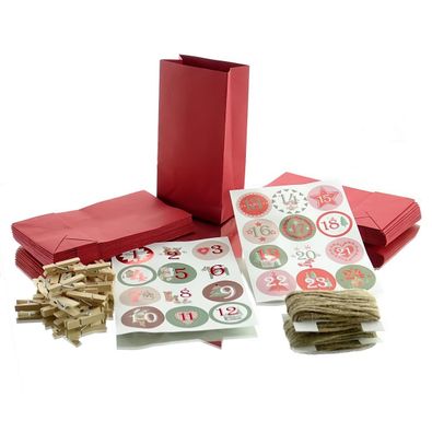 Adventskalender 24 rote Papiertüten mit Holz-Klammern Zahlensticker & Schnur