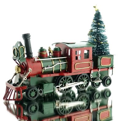 Weihnachtsdeko Dampflok Eisenbahn Rot mit grünem Dach - Metall