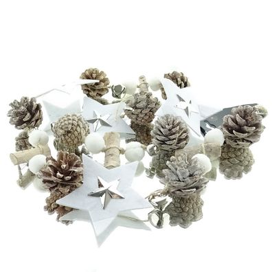 Weihnachtsgirlande aus Zapfen Glocken & Sternen Weiß & Silberfarben 120 cm