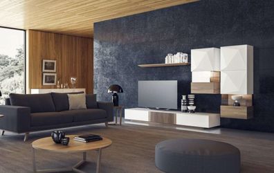Luxus Walnuss natur Moderne Weiße Wohnwand TV-Ständer Sideboard Wandregale