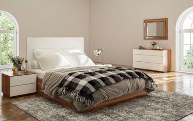 Weiß-Braunes Schlafzimmer Set Luxus Holzmöbel Bett Nachttische Kommode