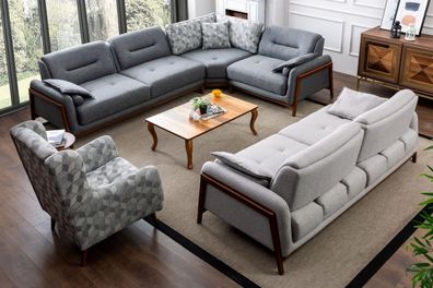 Wohnzimmer Set Ecksofa L-Form Couch Grau Polster 3 + 1 Sitzer Textil