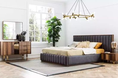Bett 2x Nachttische 5tlg. Schlafzimmer Set Designer Luxus Kommode Spiegel
