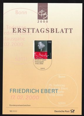 BRD Ersttagsblatt 75. Todestag von Friedrich Ebert Politiker ETB 12-2000