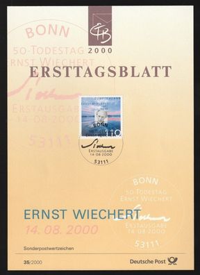 BRD Ersttagsblatt 50. Todestag von Ernst Wiechert Schriftsteller ETB 35-2000