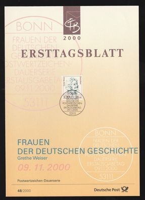 BRD Ersttagsblatt Frauen der deutschen Geschichte Grethe Weiser ETB 48-2000