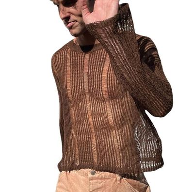 Herren Retro Crop Pullover Mesh Strick Sweater Wetlook Unterhemd S-3XL Dunkelbraun
